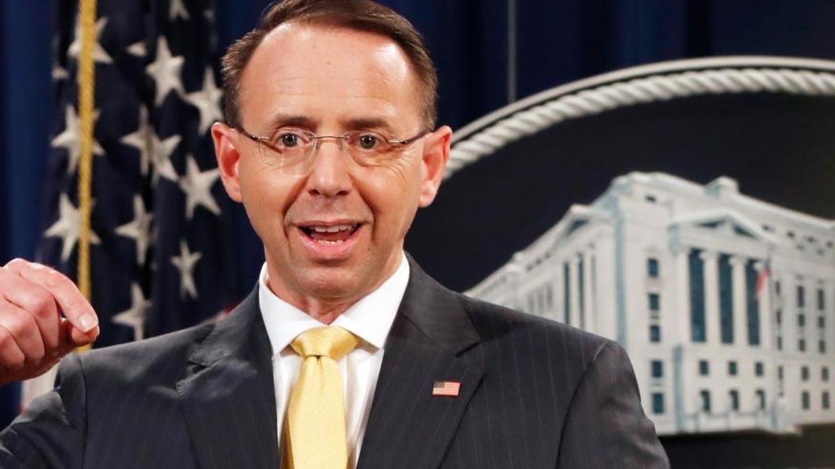 Deputy Attorney General Rod Rosenstein, speaks to the media with an announcement that special counsel Robert Mueller secured a grand jury indictment charging 13 Russian nationals and several Russian entities with violating U.S. criminal laws to interfere with American elections and the political process.