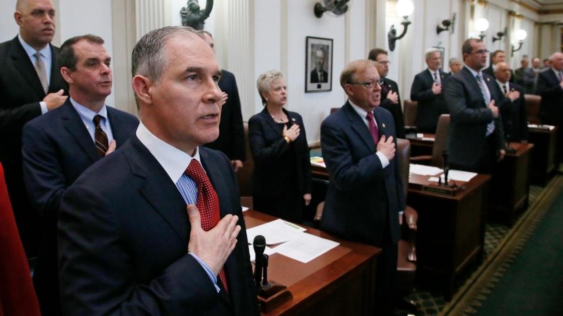 Oklahoma Attorney General Scott Pruitt, places his hand over his heart as he recites the Pledge of Allegiance with other state officials before the start of the State of the State speech by Gov. Mary Fallin in Oklahoma City, Monday, Feb. 6, 2017. The U.S. Senate on Friday approved Pruitt’s nomination to serve as administrator of the U.S. Environmental Protection Agency.