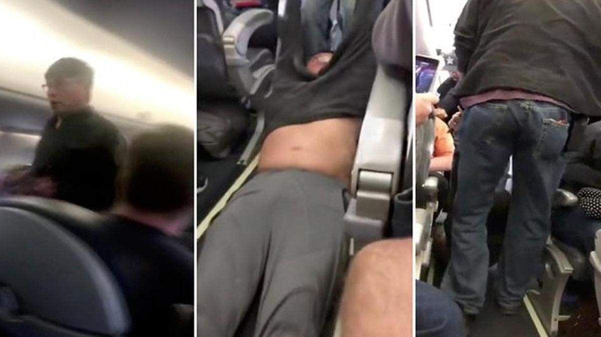 Photos from a video taken by a United Airlines passenger showing passenger David Dao being dragged off a United plane.
