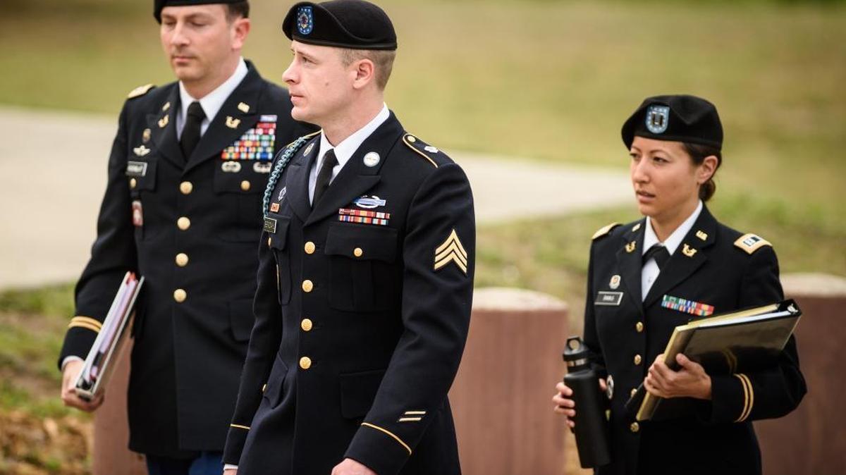 Army Sgt. Bowe Bergdahl, center, arrives for an arraignment hearing on May 17, 2016, at Fort Bragg, N.C.