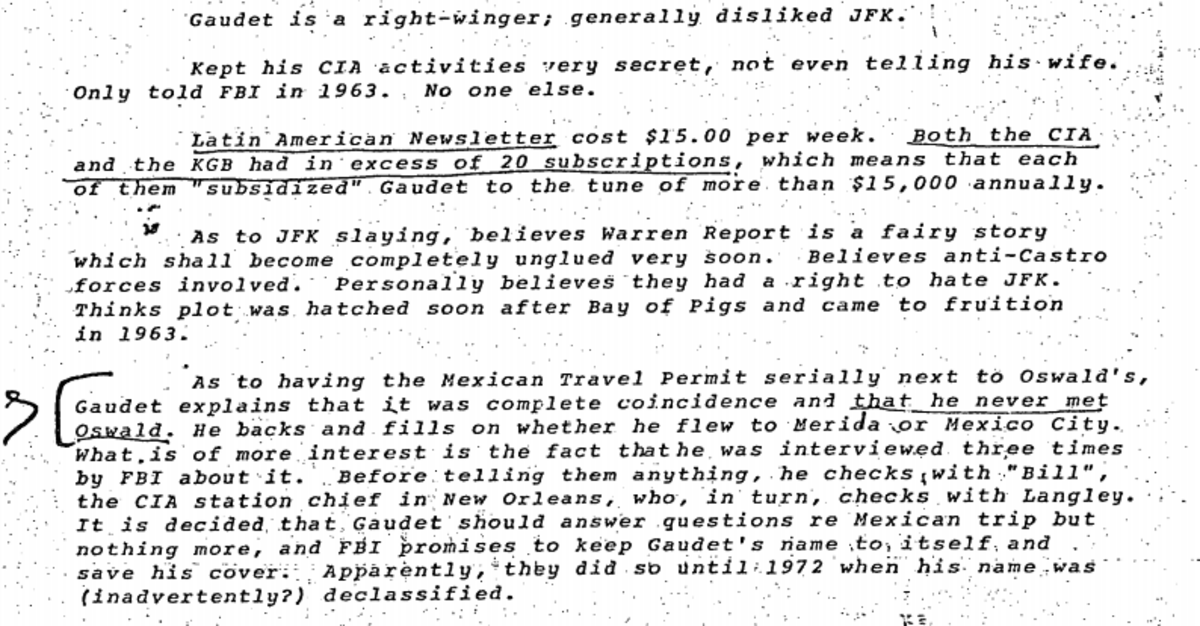 This screenshot of a recently released U.S. government document shows onetime CIA asset George Gaudet apparently had received a Mexican travel permit that was sequentially one number off of a permit issued to Lee Harvey Oswald.