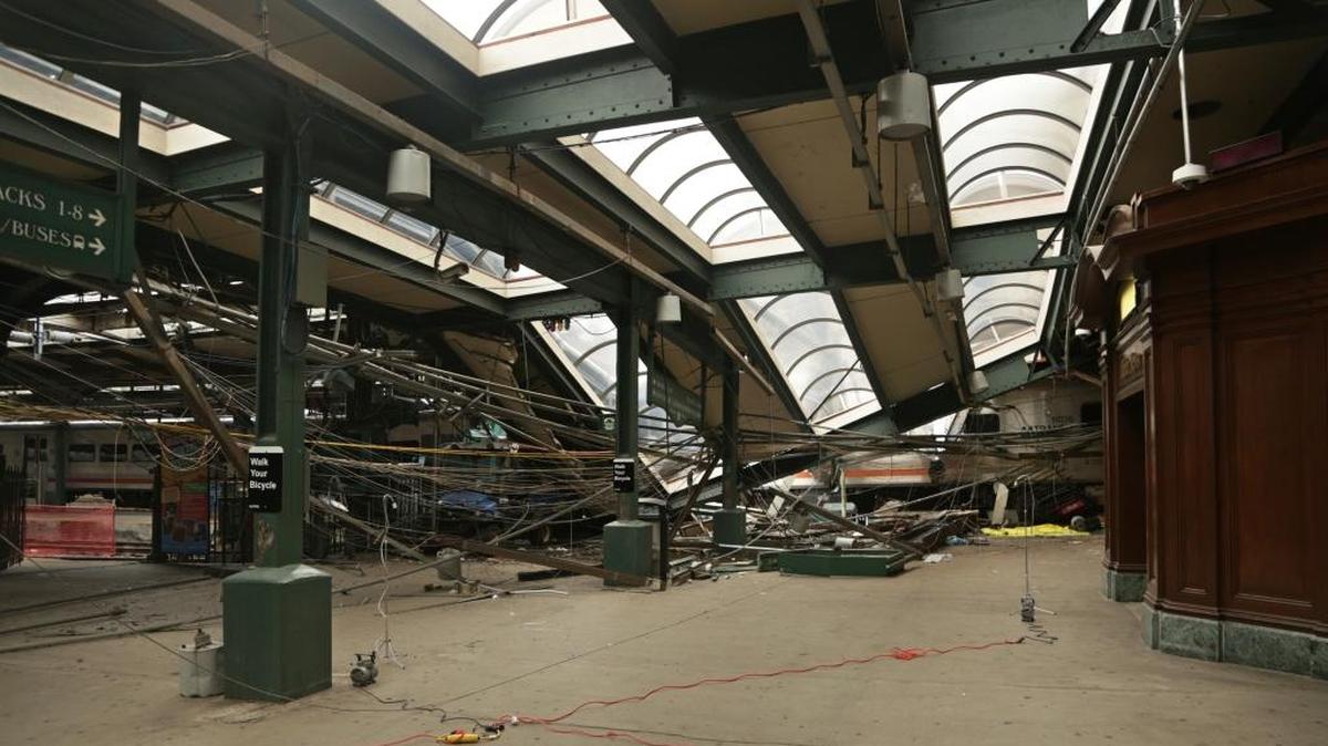 This Oct. 1, 2016, photo provided by the National Transportation Safety Board shows damage done to the Hoboken Terminal in Hoboken, N.J., after a commuter train crash that killed one person and injured more than 100 others last week.