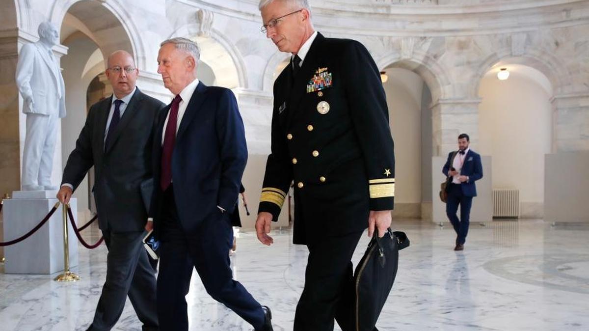 Defense Secretary Jim Mattis arrives on Capitol Hill for a meeting with Sen. John McCain, R-Ariz., chairman of the Senate Armed Services Committee, to discuss the ambush that killed four soldiers on an operation in the African nation of Niger, Friday, Oct. 20, 2017 in Washington.