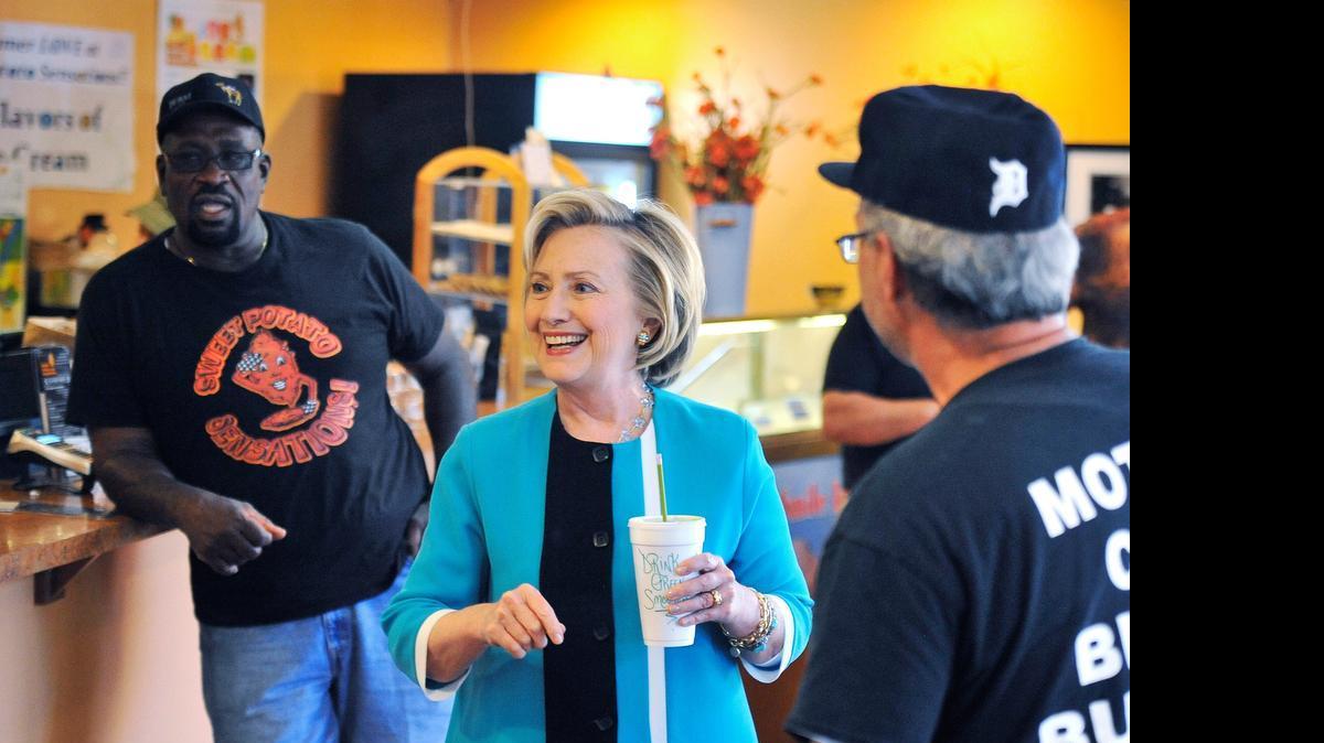 
Democratic presidential candidate Hillary Rodham Clinton mades a stop at the popular Sweet Potato Sensations bake shop in Detroit on July 21, 2015. 
