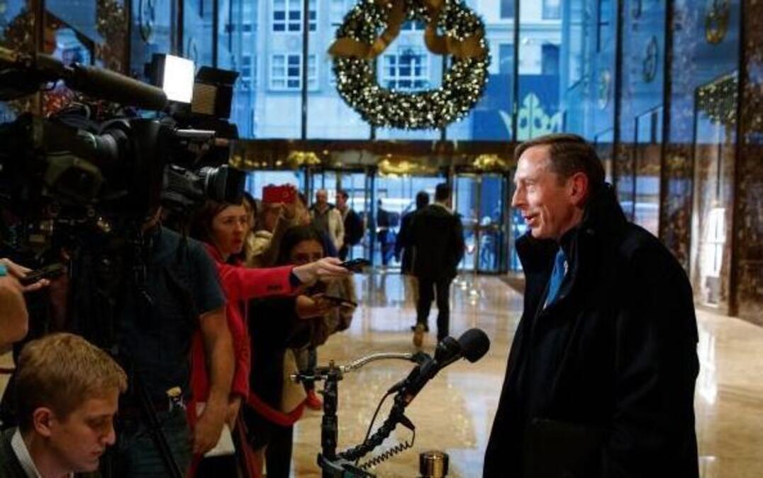 Retired Army Gen. David Petraeus, who resigned as CIA director amid an investigation of his mishandling of classified information, speaks with reporters at Trump Tower in New York after meeting with President-elect Donald Trump on Monday, Nov. 28, 2016.