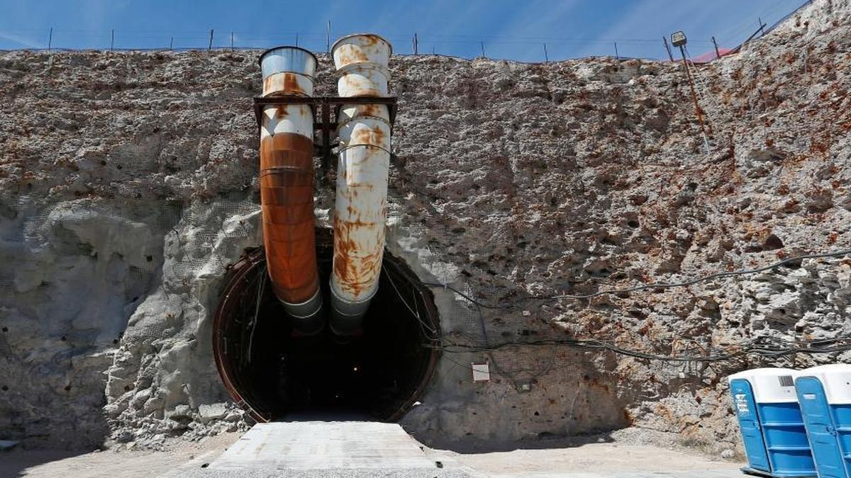This April 9, 2015, file photo shows the south portal of the proposed Yucca Mountain nuclear waste dump near Mercury, Nev.
