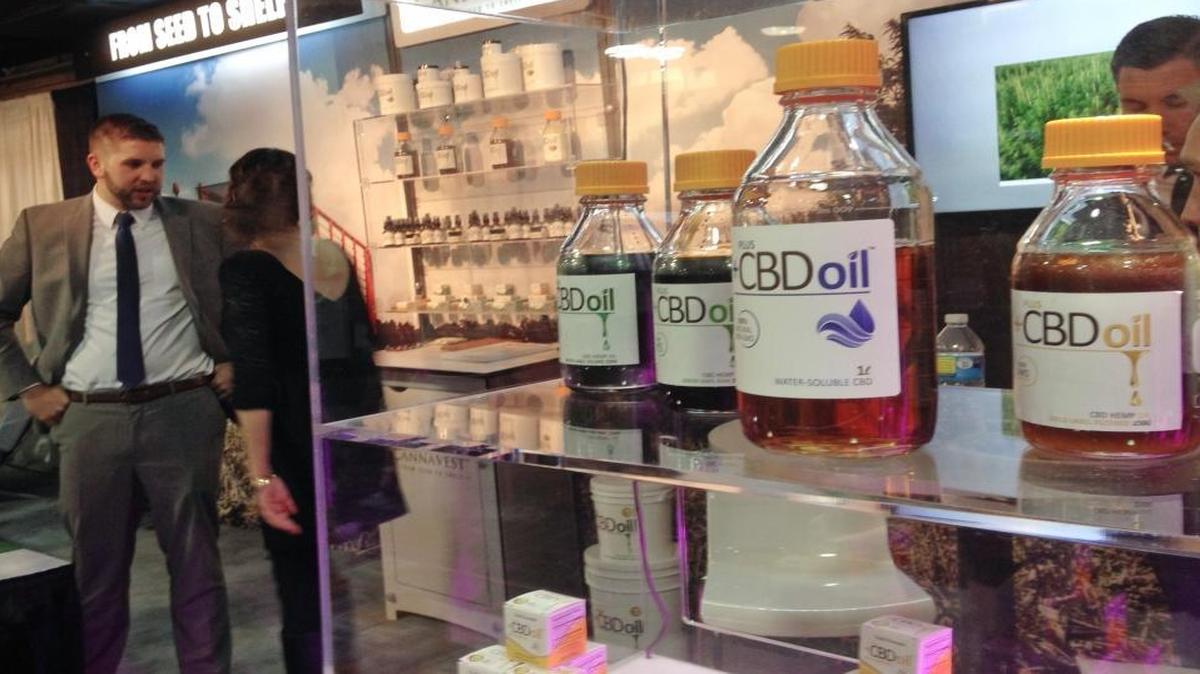 Oil containing CBD from agricultural hemp is displayed at the Marijuana Business Conference & Expo in Chicago on May 20, 2015.