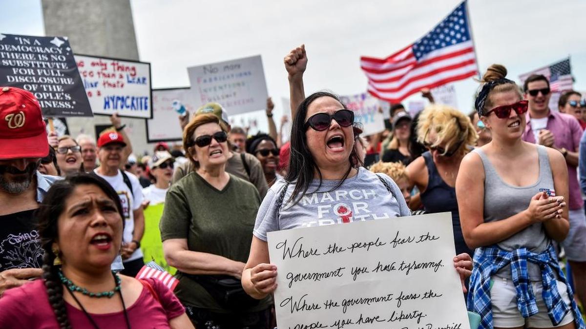 Protesters gathered at the Washington Monument for the March for Truth on Saturday in Washington, D.C.