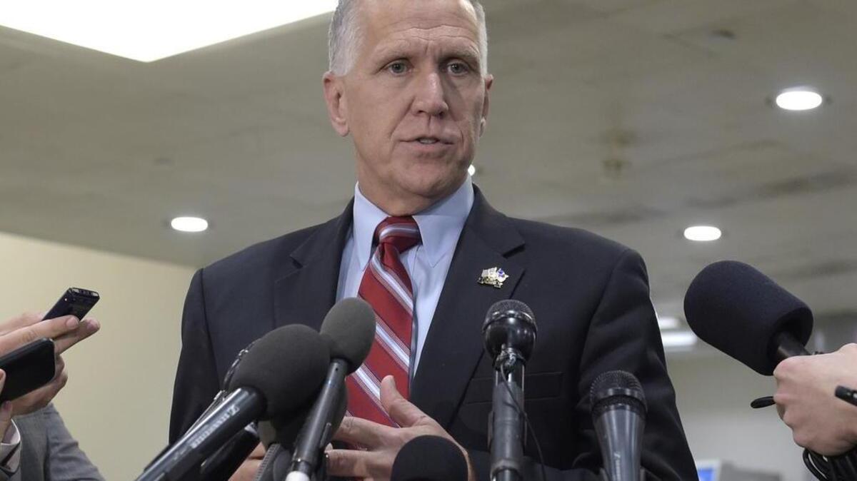 In this April 7, 2017, file photo, Sen. Thom Tillis, R-N.C., speaks to reporters on Capitol Hill in Washington. Tillis collapsed Wednesday during a race in Washington but later announced that he was fine.