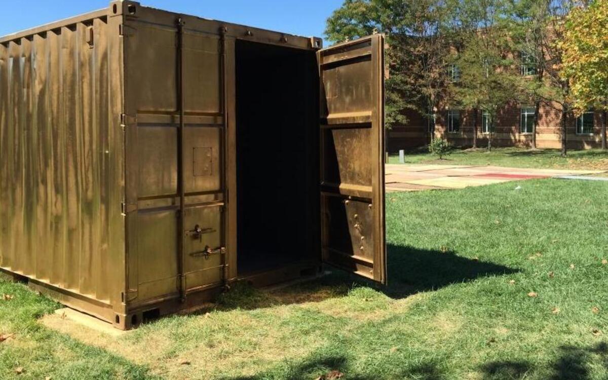 A portal by Shared Studios features a shipping container structure that connects visitors to strangers for virtual conversations and interactions via the Internet. Photo taken in College Park, Md., on Sept. 15, 2015.