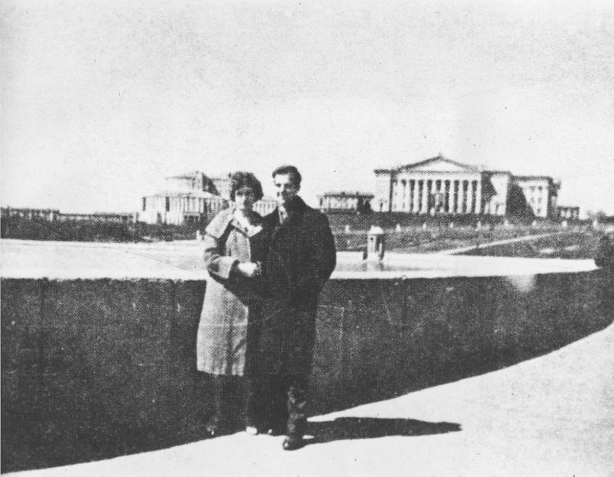 American Lee Harvey Oswald and his Russian wife, Marina, pose on a bridge walk in Minsk during their stay in the Soviet Union.