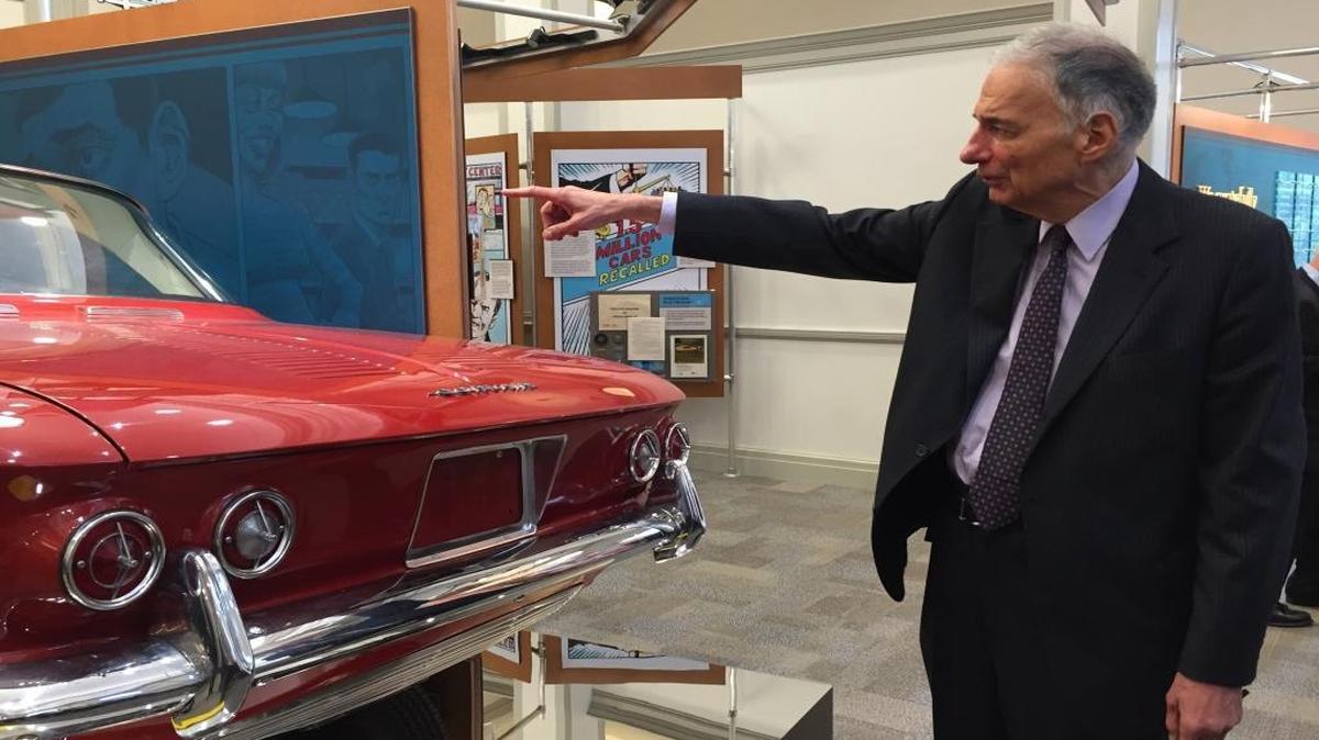 
Ralph Nader, standing in front of the Corvair, the car he wrote about in Unsafe at any Speed. The car is now in the newly opened American Museum of Tort Law in Winsted, Conn. Photos taken on Sept. 26, 2015.

