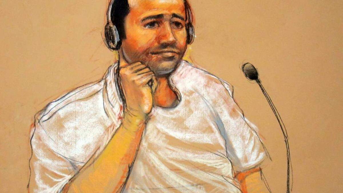 This rendering by courtroom artist Janet Hamlin, reviewed by the U.S. military, shows Abd al Rahim al Nashiri during his military commissions arraignment at the U.S. Navy base at Guantánamo Bay, Cuba on Nov. 9, 2011.
