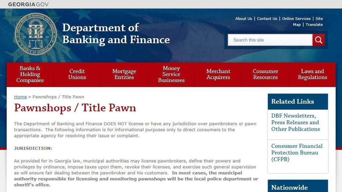 This screenshot of the Georgia Department of Banking and Finance’s web page on pawnshops and title-pawn lenders warns consumers the agency DOES NOT have jurisdiction over either.