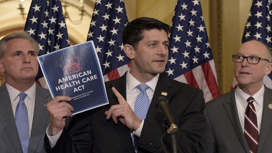 House Speaker Paul Ryan of Wis., center, standing with Energy and Commerce Committee Chairman Greg Walden, R-Ore., right, and House Majority Whip Kevin McCarthy, R-Calif., left, speaks during a news conference on the American Health Care Act on Capitol Hill in Washington, Tuesday, March 7, 2017.