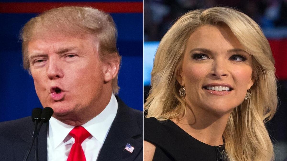 This combination made from Aug. 6, 2015, photos shows Republican presidential candidate Donald Trump and Fox News Channel host and moderator Megyn Kelly during the first GOP presidential debate at the Quicken Loans Arena, in Cleveland. Trump, who has called Kelly a “lightweight” and biased, said at an Iowa news conference Wednesday night that he would be holding a fundraising event in Iowa at the same time as Thursday’s GOP debate to benefit veterans and wounded soldiers.
