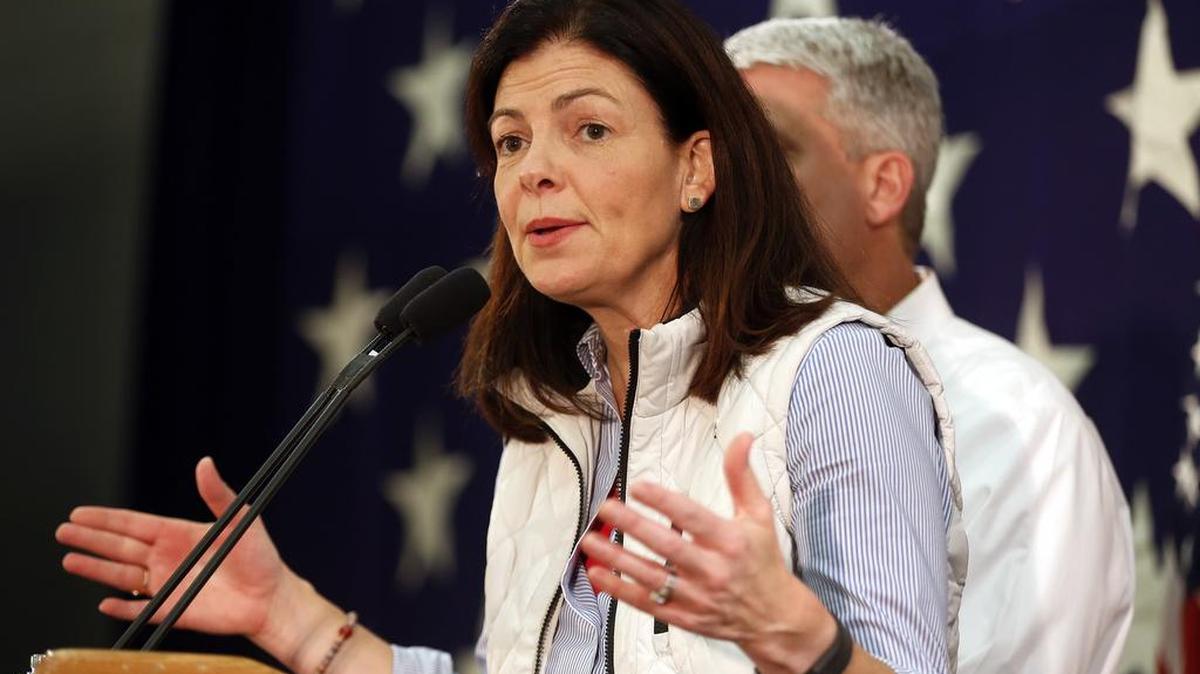 Former Republican U.S. Sen. Kelly Ayotte thanks supporters Wednesday morning, Nov. 9, 2016, after telling them her race with Democratic challenger for Senate, Gov. Maggie Hassan was too close to call in Concord, N.H. Now, she is joining a center-right environmentally focused group as a senior adviser.