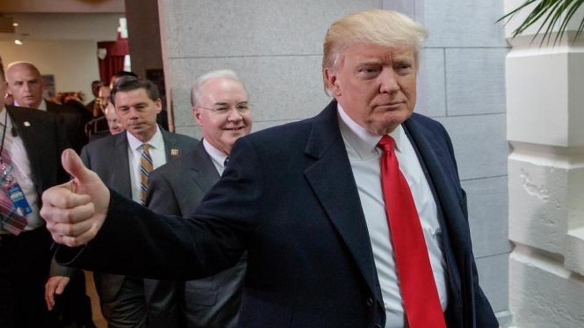 President Donald Trump, with Health and Human Services Secretary Tom Price, arrives at the Capitol earlier this week to rally support for the Republican health care overhaul by taking his case directly to GOP lawmakers two days before the House plans a climactic vote that poses an important early test for his presidency, in Washington, Tuesday, March 21, 2017.