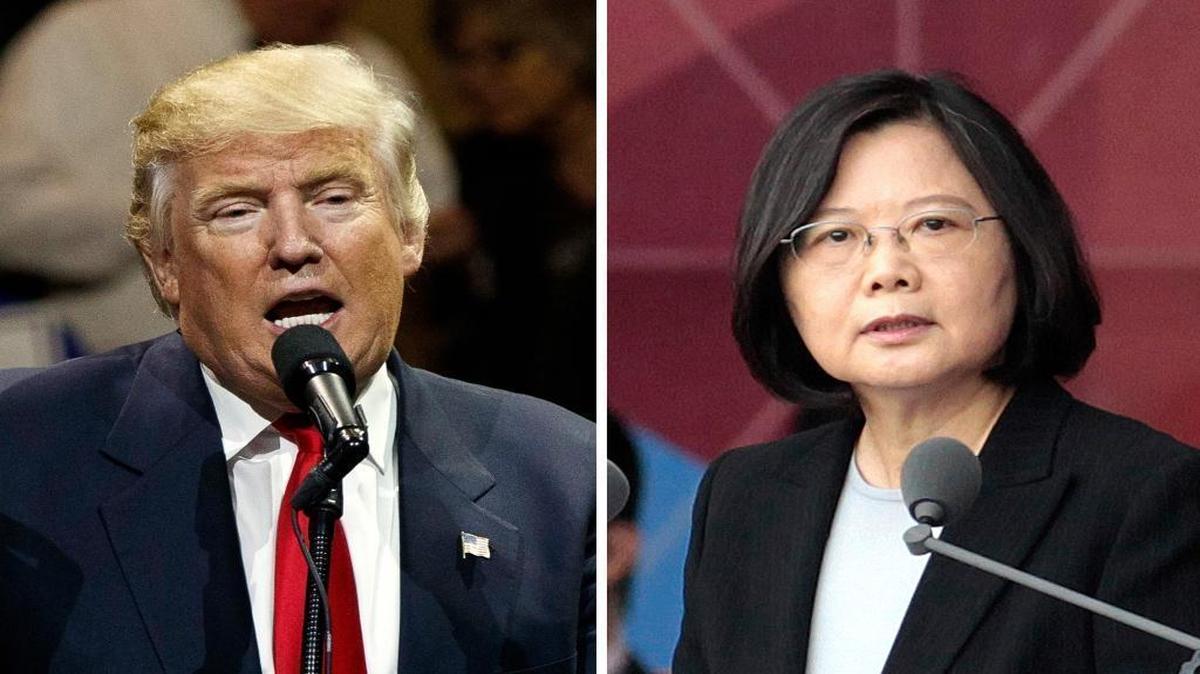 This combination of two photos shows President-elect Donald Trump, left, speaking in Cincinnati this month, and Taiwan’s President Tsai Ing-wen delivering a speech during National Day celebrations in Taipei in October.