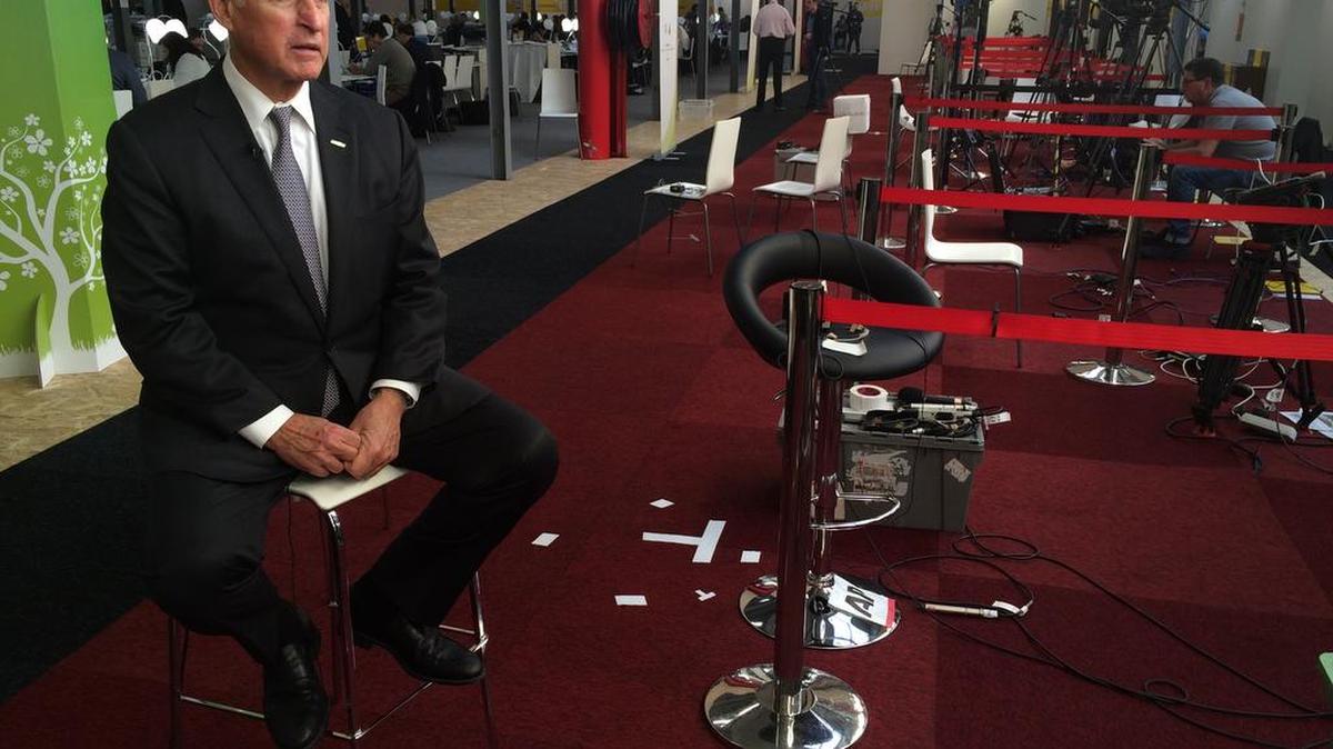 Gov. Jerry Brown is interviewed by CNN at the United Nations climate summit in Le Bourget, France on Dec. 7, 2015