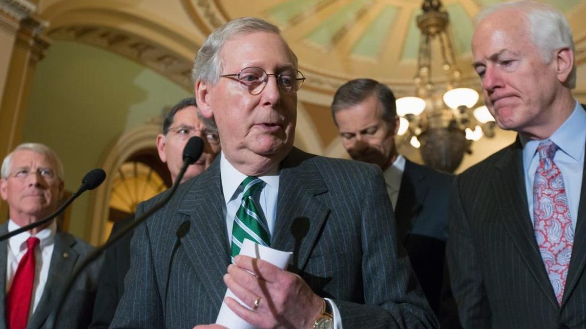 Senate Majority Leader Mitch McConnell, center, took a victory lap on the Senate floor Wednesday after the Supreme Court delayed President Barack Obama’s plan to reduce carbon dioxide emissions. McConnell, a Kentucky Republican, is a leading critic of the president’s environmental policies.