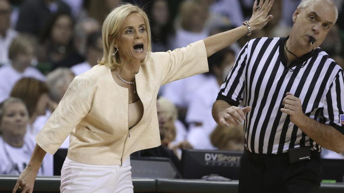 Baylor head women's coach Kim Mulkey calls in a play during the second half of an NCAA college basketball game against Texas Tech, Saturday, Feb. 25, 2017, in Waco, Texas. Baylor won 86-48.