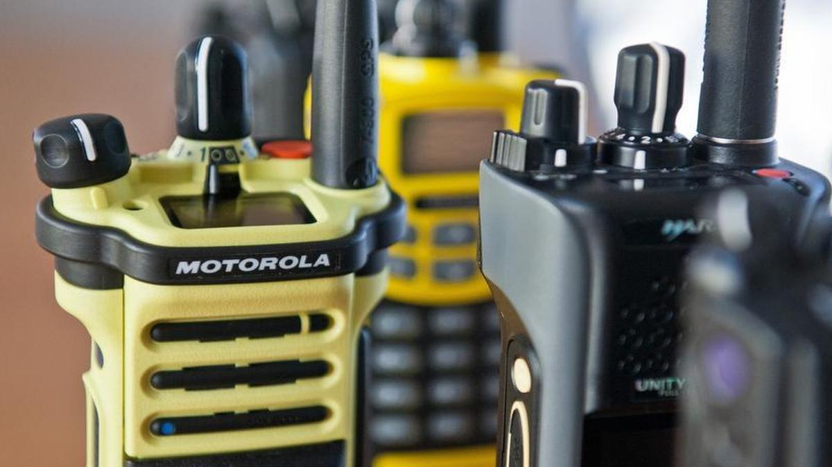 
Motorola says its pricey radios (yellow) remain the “preference” of first responders, despite efforts to bring more competition to the public-safety radio market.
