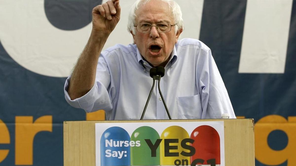 Former presidential candidate Sen. Bernie Sanders, of Vermont, speaks in support of Proposition 61 in Sacramento, Nov. 7, 2016.