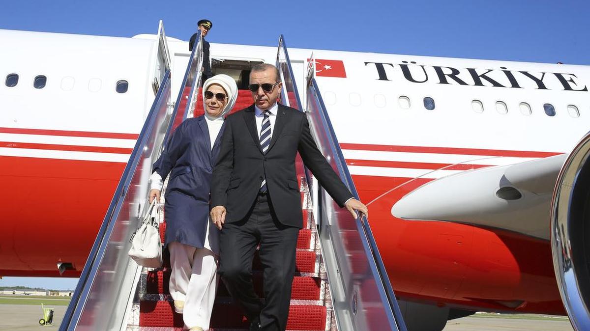 Turkey's President Recep Tayyip Erdogan and his wife Emine disembark from a plane after arriving in Washington, Monday, May 15, 2017. Erdogan is scheduled to meet U.S. President Donald Trump on Tuesday for talks expected to center on the friction between the two NATO allies over a U.S. decision to arm Syrian Kurdish fighters considered as terrorists by Turkey.
