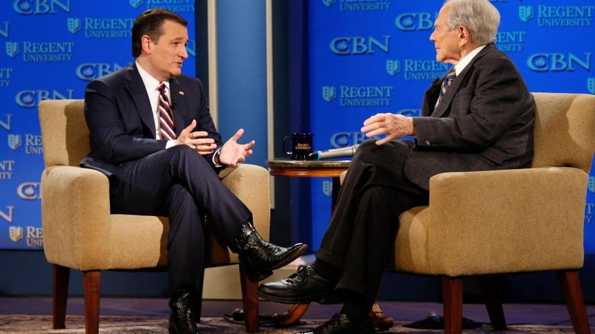 Republican presidential candidate, Sen. Ted Cruz, R-Tx., talks with religious broadcaster Pat Robertson, right, during an appearance at Regent University in Virginia Beach, Va., Friday, Feb. 26, 2016.