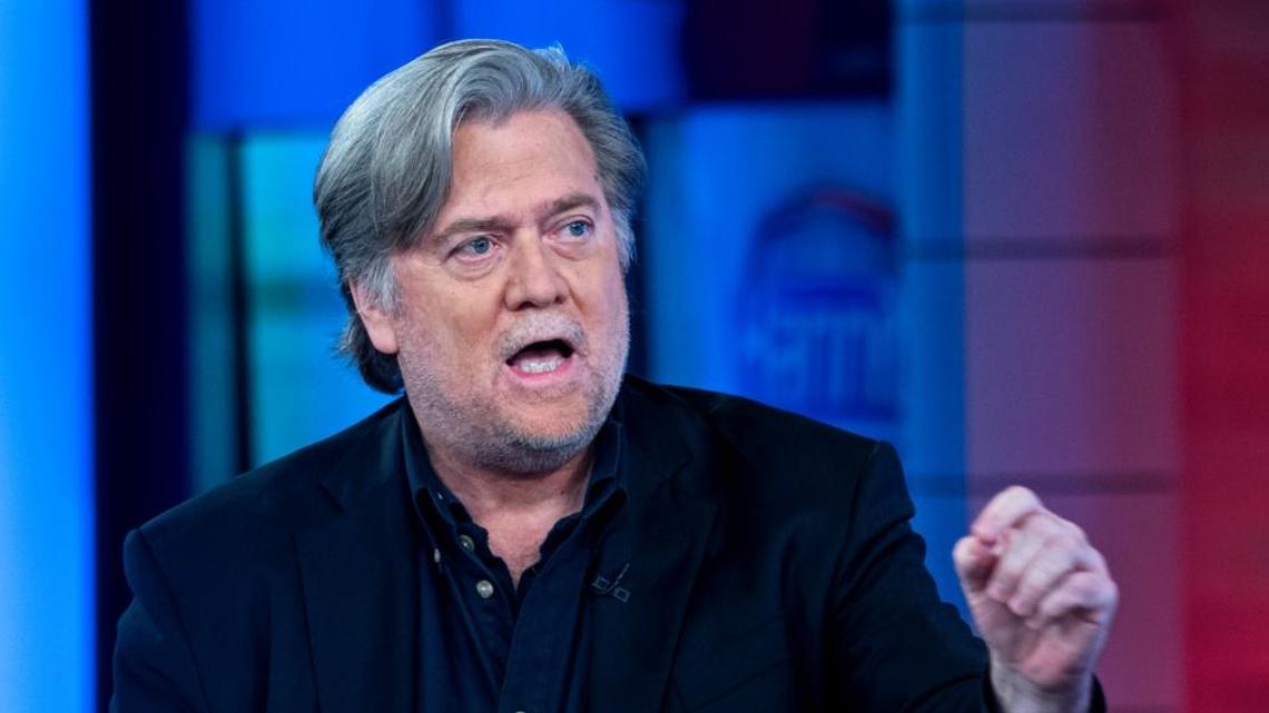 Former White House strategist Steve Bannon takes part in an interview with host Sean Hannity, on the set of Fox News Channel's Hannity, in New York Monday, Oct 9, 2017.