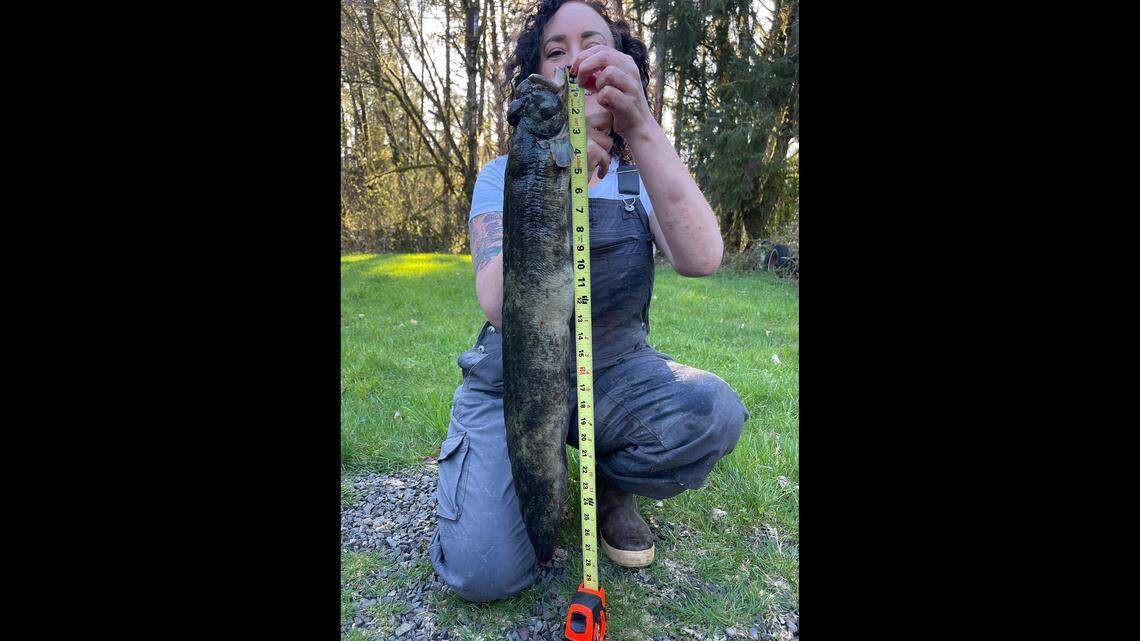 Rebecca Jones is seen with the monkeyface prickleback she caught April 1.