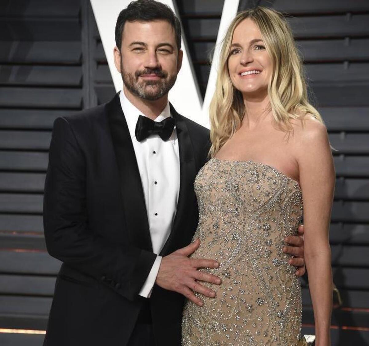 Jimmy Kimmel, left, and Molly McNearney arrive at the Vanity Fair Oscar Party on Feb. 27. McNearney gave birth to their baby boy on April 21.