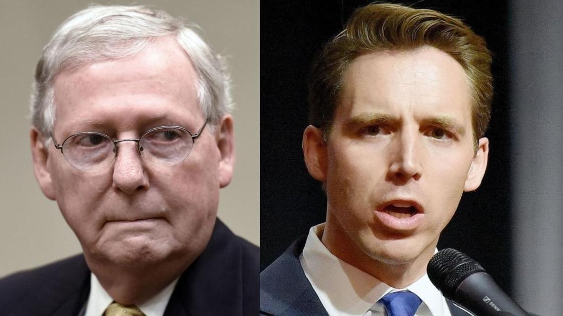 Senate Majority Leader Mitch McConnell (left) and Missouri Attorney General Josh Hawley, a candidate for U.S. Senate in 2018.