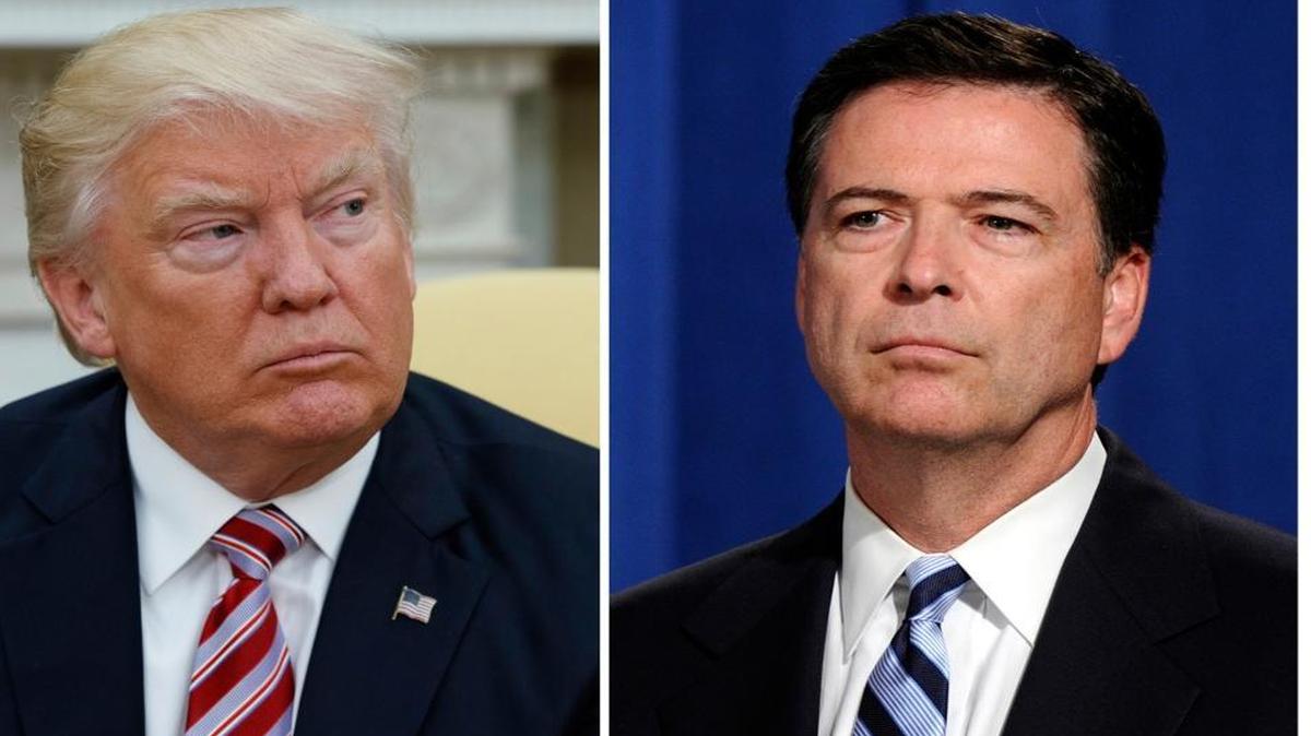In this combination photo, President Donald Trump, left, appears in the Oval Office of the White House in Washington on May 10, 2017, and FBI Director James Comey appears at a news conference in Washington on June 30, 2014. Comey is making his first public comments since being fired by President Donald Trump and, according to his prepared remarks, will talk about the president's efforts put the investigation behind him.