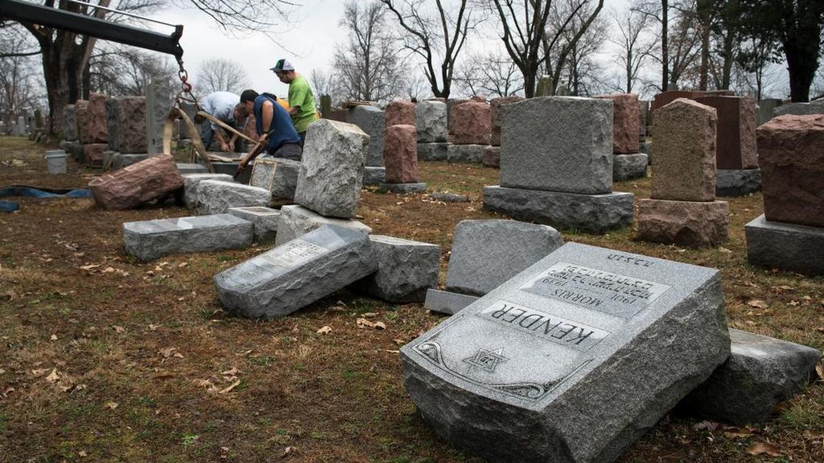 Toppled gravestones at Chesed Shel Emeth Cemetery, in University City, a suburb of St. Louis, Mo., Feb. 21, 2017. Nearly 200 grave markers were vandalized in the 124-year-old Jewish cemetery.