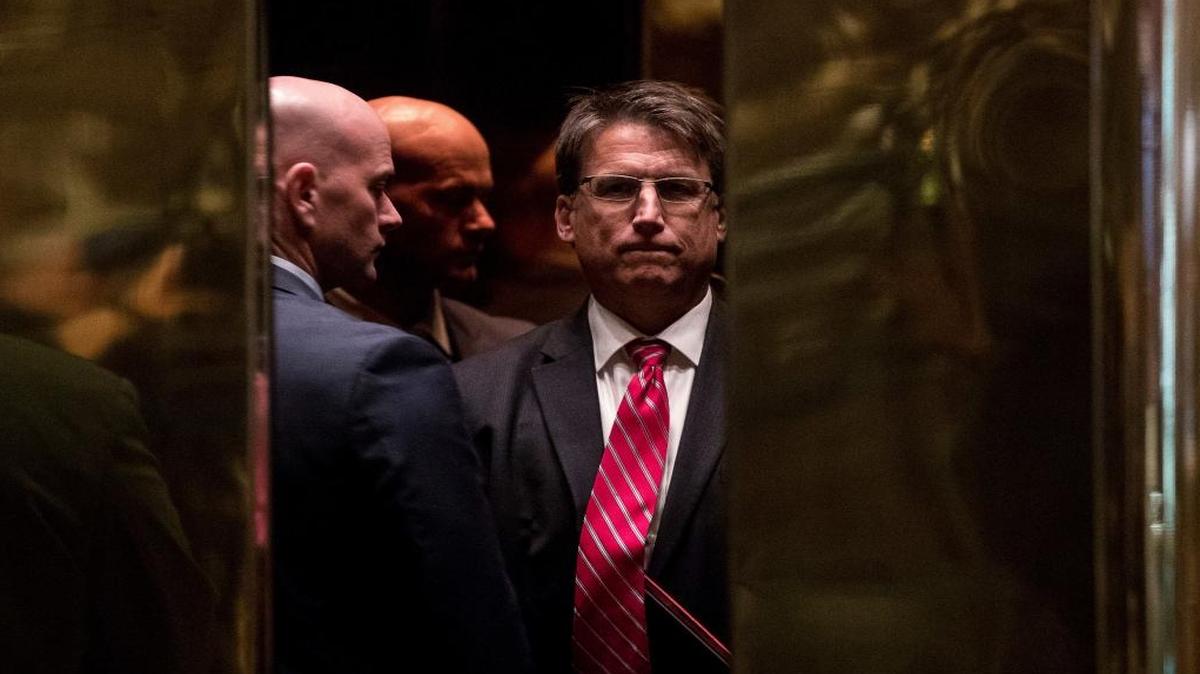 North Carolina Gov. Pat McCrory on a elevator at Trump Tower in New York, Wednesday, Dec. 7.