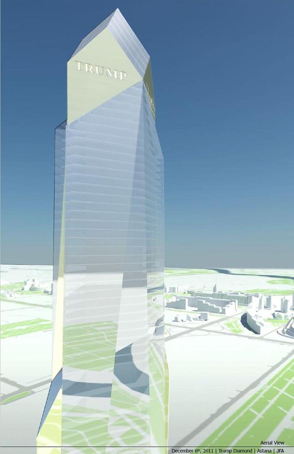 This architectural rendering from Dec. 6, 2011, shows the Trump Diamond in Astana, the capital of Kazakhstan, a luxury tower Donald Trump had hoped would be built in the resource-rich Eurasian nation.