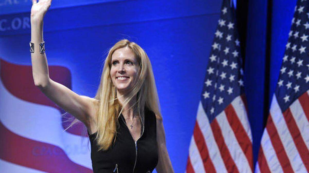 FILE - In this Feb. 12, 2011 file photo, Ann Coulter waves to the audience after speaking at the Conservative Political Action Conference
