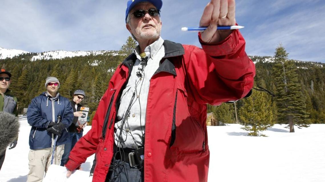 Frank Gehrke, chief of the California Cooperative Snow Surveys Program for the Department of Water Resources, talks to reporters after conducting a snow survey near Echo Summit, Calif., on Tuesday, March 1, 2016.