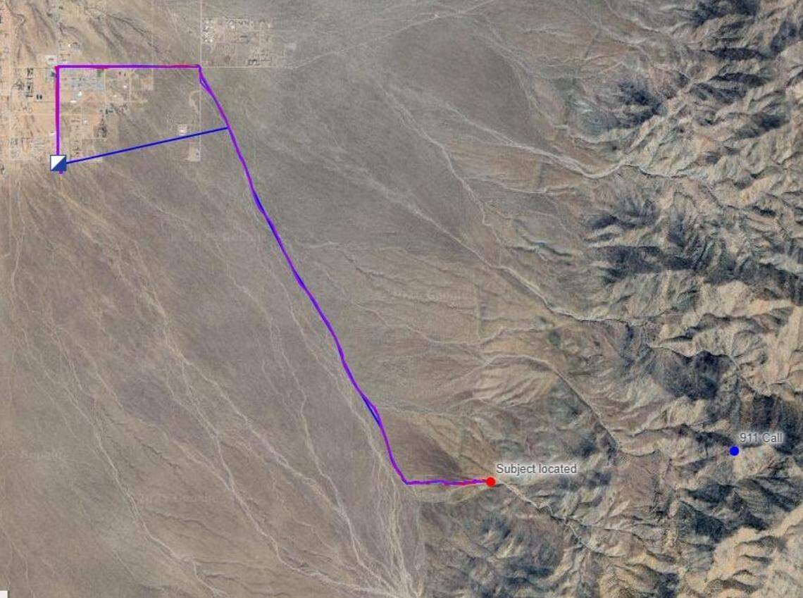 A map shows where the man called 911 and where he was found in the Virgin Mountains in Arizona.