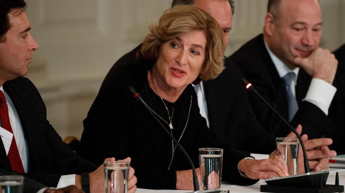 Campbell Soup CEO Denise Morrison speaks during a February meeting between President Donald Trump and manufacturing executives at the White House in Washington. Morrison is among those who resigned from a White House jobs panel over comments about racism made by President Donald Trump.