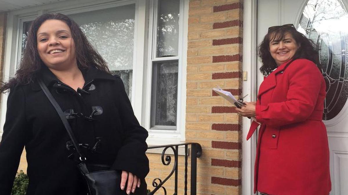 Chicago Realtor Maria "Toni" Salinas shows a home to buyer Maria Casillas in the suburb of Burbank, Calif., on April 22, 2015.