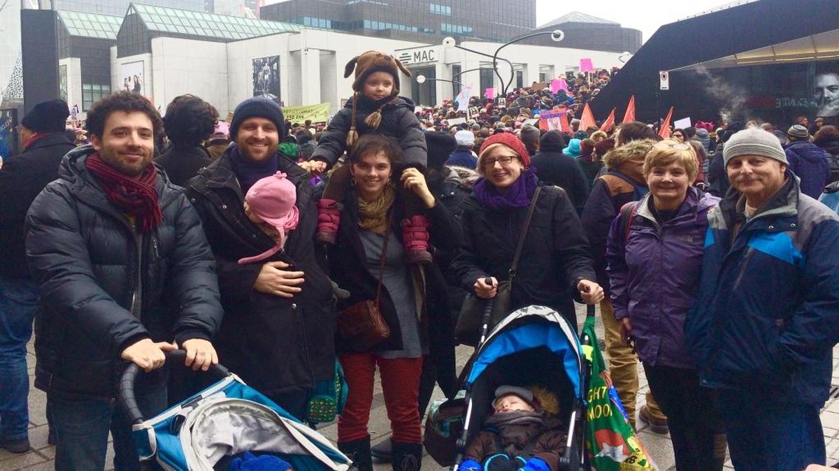 Sasha Dyck (second from left) at the Montreal Women’s march with friends on Saturday, Jan. 21, 2017. The father of two, who once ran for Montreal city council, said border agents stopped his group from entering the United States after learning of their plans to attend Saturday’s Women’s March in Washington.