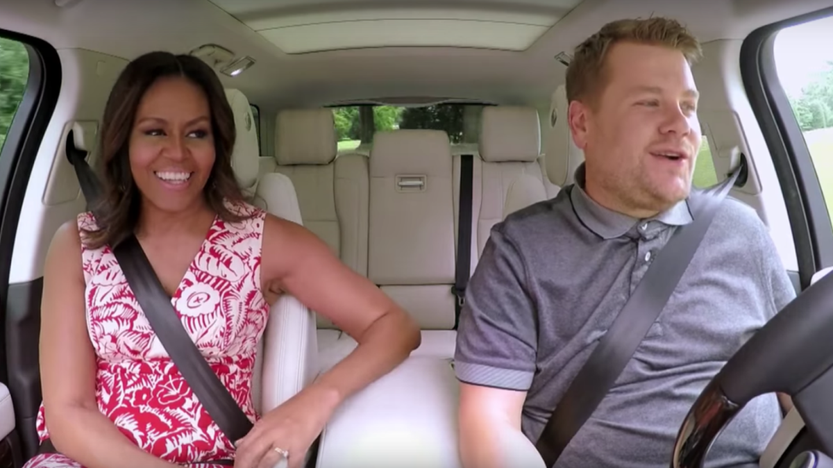 The First Lady joined late night host James Corden in singing Stevie Wonder, Beyonce and Missy Elliot