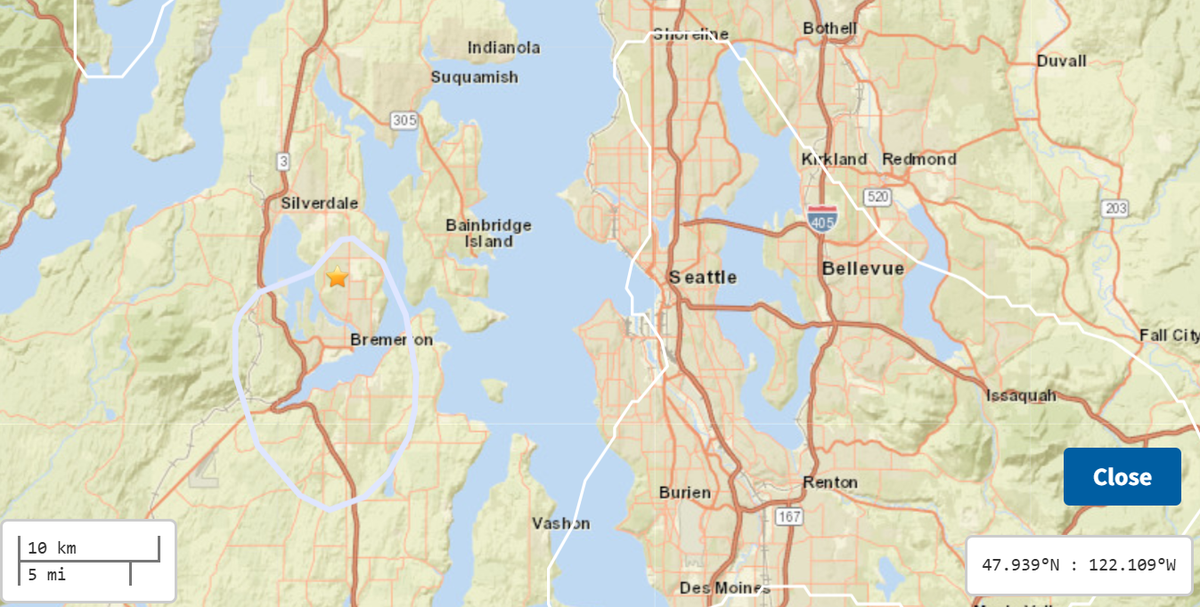 The gold star shows the epicenter of the earthquake in Washington.