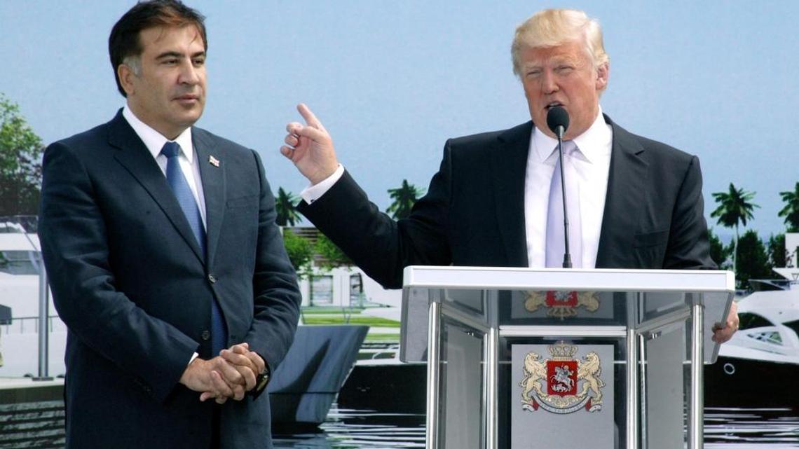 Donald Trump, right, gestures as Georgian President Mikhail Saakashvili, left, looks on in Batumi, Georgia, on Sunday, April 22, 2012. They unveiled plans for a luxury apartment complex to be built along the Black Sea coast in Batumi, part of a broader push across Eurasia at the time by the Trump Organization.