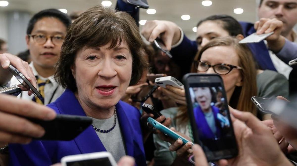 Sen. Susan Collins, R-Maine, speaks amid a crush of reporters after Republicans released their long-awaited bill to scuttle much of President Barack Obama's Affordable Care Act, at the Capitol in Washington, Thursday, June 22, 2017. She is one of several female GOP senators who say they are opposed to it as written.