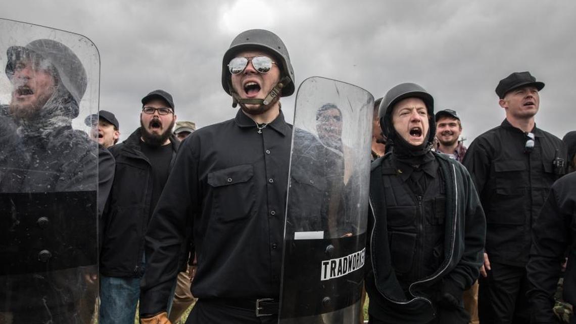 Members of the Traditionalist Worker Party protest during the White Lives Matters protest in Shelbyville, Tennessee.