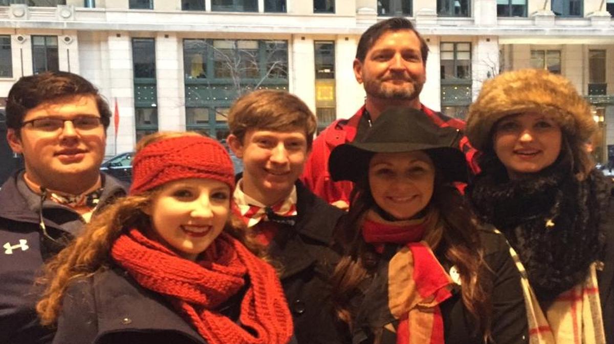 Members of the Macon Teenage Republicans from Mount DeSales High School in Macon, Ga., attend Friday's inauguration of President Donald Trump in downtown Washington. From left to right are Nick Bailey, 16; Reilly Brown, 15; Jakey Edmonson, 16; chaperones Jennifer Edmonson (front) and Matthew Fabian (rear); and Faith Fabian, 16.
